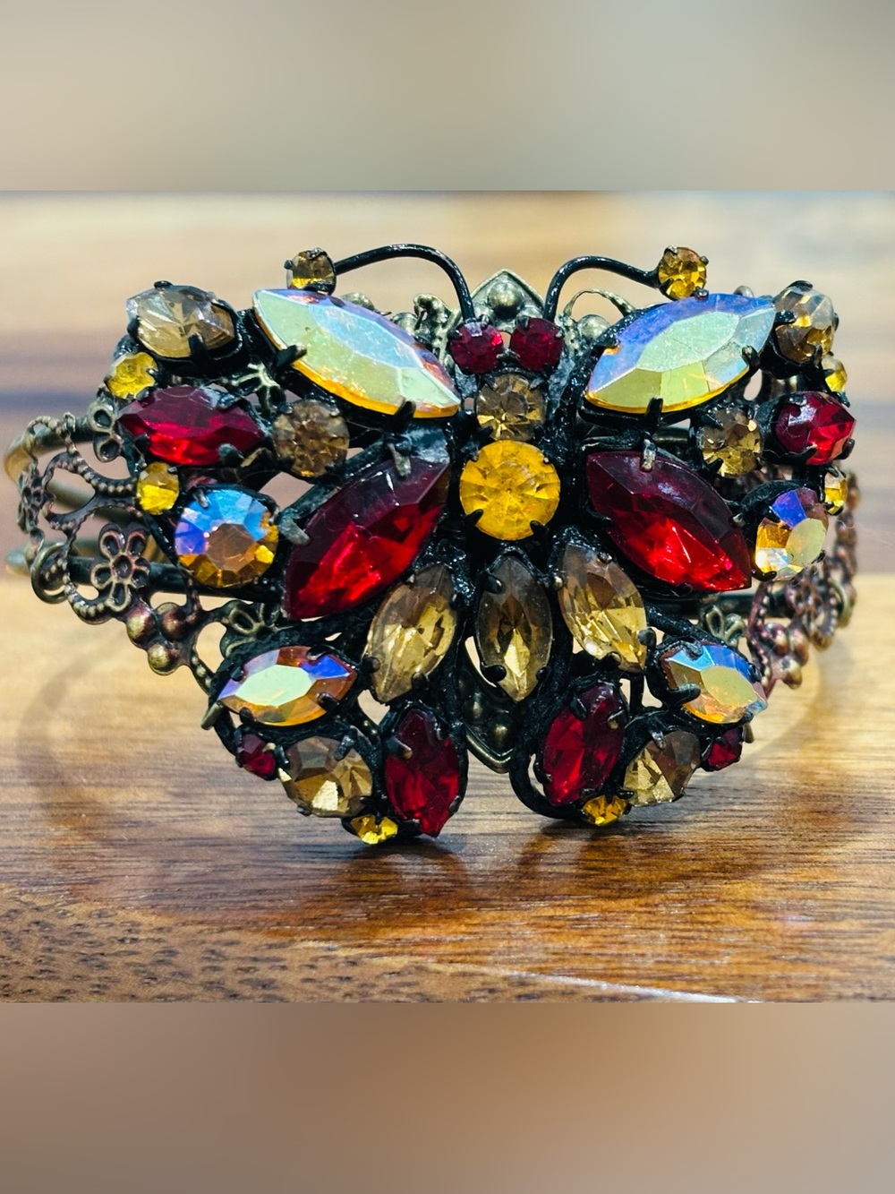 Vintage-Inspired Red & Amber Rhinestones Butterfly Cuff Bracelet